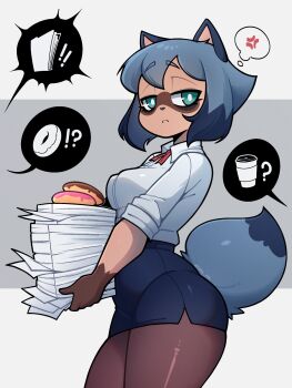 1girl anger_vein animal_ears animal_nose annoyed aqua_eyes arched_back blue_hair blue_skirt blue_tail brand_new_animal breasts bright_pupils brown_fur carrying commentary cowboy_shot donut dress_shirt english_commentary food furry furry_female grey_background half-closed_eyes highres holding holding_paper impossible_clothes impossible_skirt kagemori_michiru maiky_atk medium_breasts miniskirt neck_ribbon office_lady pantyhose paper paper_stack raccoon_ears raccoon_girl raccoon_tail ribbon shirt short_hair sidelocks signature skirt sleeves_rolled_up solo speech_bubble spoken_anger_vein spoken_object standing tail tanuki thought_bubble turning_head two-tone_background white_background white_pupils white_shirt