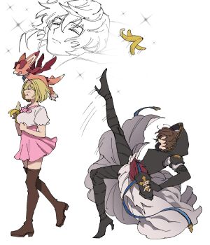 1girl 2boys banana banana_peel blonde_hair boots brown_hair closed_eyes djeeta_(granblue_fantasy) dress food fruit granblue_fantasy high_heel_boots high_heels highres multiple_boys onetouch0407 sandalphon_(granblue_fantasy) short_hair simple_background slipping slipping_on_banana_peel smile sparkle sundress vyrn_(granblue_fantasy) white_background