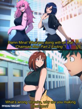 Rule 34 | 1boy, 3girls, aged up, ashido mina, ass, black sclera, black skirt, boku no hero academia, breasts, colored sclera, colored skin, commentary, english commentary, english text, highres, horns, jiro kyoka, large breasts, meme, midoriya izuku, multiple girls, official alternate costume, official alternate hairstyle, opalis, open mouth, pink hair, pink skin, short hair, skirt, sleeveless, sleeveless turtleneck, subtitled, turtleneck, uraraka ochako, yellow eyes