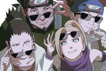 Rule 34 | 1girl, 3boys, adjusting eyewear, akimichi chouji, aqua eyes, beard, black hair, blonde hair, brown eyes, brown hair, closed mouth, dark-skinned male, dark skin, detached sleeves, facial hair, facial mark, fingerless gloves, forehead protector, gloves, green vest, hair tie, hand on eyewear, highres, konohagakure shinobi uniform, konohagakure symbol, long hair, looking at another, multiple boys, nara shikamaru, naruto (classic), naruto (series), parted lips, pnpk 1013, purple shirt, sarutobi asuma, scarf, shirt, simple background, spiked hair, sunglasses, sweatdrop, vest, white background, white gloves, white scarf, yamanaka ino