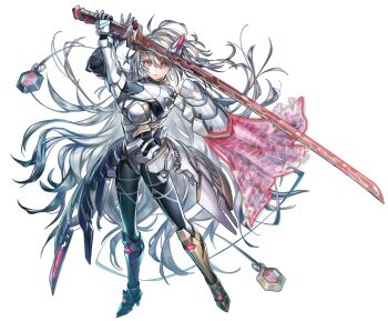 1girl anonymous_(yu-gi-oh!) armor armored_bodysuit armored_boots black_bodysuit bodysuit boots breastplate duel_monster faulds full_body game_cg gauntlets grey_hair highres holding holding_sword holding_weapon long_hair looking_at_viewer messy_hair non-web_source official_art red_eyes side_cape sky_striker_ace_-_zero solo stitched sword third-party_edit transparent_background very_long_hair weapon yu-gi-oh! yu-gi-oh!_master_duel