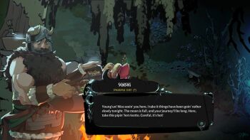 1boy beard biceps campfire commentary cooking cowboy_shot dialogue_box dryya dungeon dungeon_meshi dwarf english_commentary english_text facial_hair fake_horns hades_(series) hades_2 hand_hair helmet highres holding horned_helmet horns long_beard looking_at_viewer looking_to_the_side male_focus mature_eyes muscular muscular_male mustache parody senshi_(dungeon_meshi) solo standing steam style_parody thick_mustache very_long_beard wok