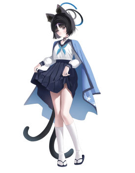 Rule 34 | 1girl, :<, absurdres, animal ear fluff, animal ears, averting eyes, black choker, black eyes, black hair, black halo, blue archive, blue halo, blue kimono, blue neckerchief, blue sailor collar, blue skirt, blush, bright pupils, cat ears, cat girl, cat tail, choker, closed mouth, clothes lift, commentary, embarrassed, flip-flops, full body, gradient halo, halo, highres, japanese clothes, kikyou (blue archive), kimono, kimono on shoulders, kirat kr, kneehighs, lifting own clothes, long sleeves, multicolored halo, multiple tails, neckerchief, pleated skirt, sailor collar, sandals, school uniform, shirt, short hair, simple background, skirt, skirt lift, socks, solo, standing, star (symbol), tail, two tails, white background, white pupils, white shirt, white socks