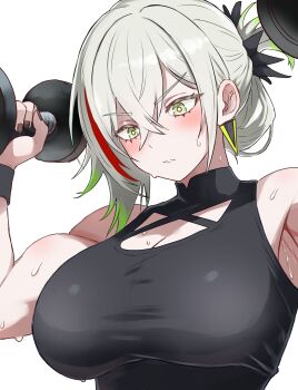 1girl absurdres armpits bamboo_tac bicep_curl biceps black_tank_top breasts cleavage colored_tips diabellstar_the_black_witch duel_monster dumbbell exercising green_eyes green_hair grey_hair highres holding holding_dumbbell large_breasts medium_hair multicolored_hair muscular muscular_female pale_skin solo strong sweat tank_top weightlifting weights yu-gi-oh!