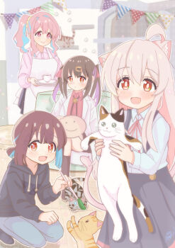 4girls :d ahoge animal animal_ear_fluff animal_ears apron black_hair black_hoodie black_skirt blue_hair blush bolo_tie brown_eyes brown_hair cat cat_cafe cat_ears cat_teaser colored_inner_hair commentary drawstring hair_ornament hairclip highres holding holding_animal holding_cat hood hoodie hozuki_kaede hozuki_momiji indoors kemonomimi_mode lab_coat long_hair long_sleeves multicolored_hair multiple_girls neck_ribbon onii-chan_wa_oshimai! open_mouth oyama_mahiro oyama_mihari pink_hair pink_shirt pleated_skirt ponytail purple_hair red_ribbon red_shirt ribbon school_uniform shirt short_hair short_ponytail siblings side_ponytail sisters skirt smile squatting string_of_flags suspender_skirt suspenders twintails two-tone_hair white_apron yotsuba_university_affiliated_junior_high_school_uniform yu_kawara025