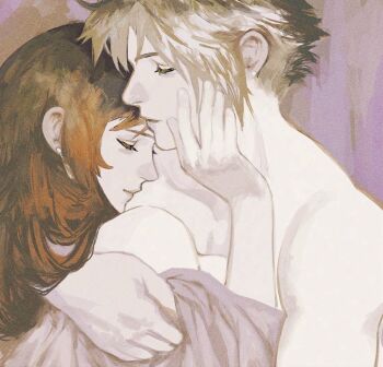 1boy 1girl arm_around_back bare_shoulders black_hair blonde_hair breasts closed_eyes closed_mouth cloud_strife commentary couple cuddling earrings final_fantasy final_fantasy_vii from_side hair_over_shoulder hand_on_another&#039;s_cheek hand_on_another&#039;s_face heads_together hetero hug jewelry large_breasts long_hair nude profile spiked_hair stud_earrings symbol-only_commentary tifa_lockhart tori_(labyrinth_fft) under_covers upper_body