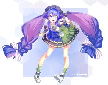 1girl :d absurdly_long_hair ahoge artist_name ascot asymmetrical_sleeves bass_clef beret black_ascot black_gloves black_hat black_skirt blue_background blue_eyes blue_hair blue_jacket blue_overskirt boots border bow bowtie braid buttons clothing_cutout collared_shirt colored_inner_hair commentary_request dated double-breasted double-parted_bangs eighth_note eighth_rest forte_(symbol) fortissimo frilled_skirt frills full_body gloves green_bow green_bowtie green_eyes green_socks hair_bow half_gloves hat hat_ornament hat_ribbon highres honeycomb_(pattern) honeycomb_background horizontal-striped_bow index_finger_raised jacket kneehighs lapels leaning_forward long_hair looking_at_viewer low-braided_long_hair low-tied_long_hair mismatched_sleeves multicolored_eyes multicolored_hair multicolored_jacket musical_note musical_note_hat_ornament musical_note_print musical_staff musical_staff_print open_mouth otomachi_una otomachi_una_(sv) outline overskirt pigeon-toed platform_boots pleated_skirt puffy_sleeves purple_hair purple_streaks quarter_note ribbon rokusuijo see-through_overskirt shirt shoulder_cutout sidelocks skirt sleeve_cuffs smile socks solo streaked_hair striped_ribbon synthesizer_v three-quarter_sleeves treble_clef twintails two-tone_eyes two-tone_hair very_long_hair white_background white_boots white_border white_bow white_outline white_ribbon white_shirt