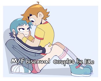 1boy 1girl black_eyes blue_hair blue_pepe border couple english_text eye_contact hands_on_another's_face hetero highres implied_bisexual looking_at_another looking_up m/f_bisexual_couples_be_like_(meme) meme official_style orange_hair pants photo-referenced ramona_flowers scott_pilgrim scott_pilgrim_(series) scott_pilgrim_takes_off shirt shoes short_hair short_sleeves shorts simple_background sitting sitting_on_lap sitting_on_person smile sneakers watermark white_border