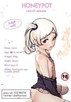 1girl ass between_breasts blonde_hair breasts character_age character_name character_profile commentary content_rating diathorn english_text female_focus heart highres lips loli money monochrome muted_color necktie nipples original parted_lips side_ponytail skirt small_breasts solo topless_female twitter_username white_legwear