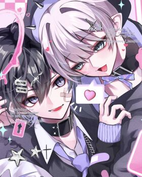 Rule 34 | 2boys, bandaid, bandaid on face, black choker, black hair, blue eyes, choker, collared shirt, commentary request, hair between eyes, hair ornament, hairclip, halo, heart, highres, kaminoq, long sleeves, looking at another, male focus, multiple boys, necktie, original, pointy ears, purple eyes, razor, ribbon, shirt, smile, star (symbol), teeth, white hair