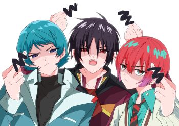 Rule 34 | 1girl, 2boys, aeug, amate yuzuriha, aqua eyes, aqua shirt, black hair, blue eyes, blue hair, censored, closed mouth, commentary, compass uniform, gundam, gundam gquuuuuux, gundam seed, gundam seed freedom, highres, jacket, kamille bidan, long sleeves, looking at viewer, middle finger, military, military uniform, multiple boys, necktie, niinu seed, open mouth, red eyes, red hair, school uniform, shinn asuka, shirt, short hair, sweater, symbol-only commentary, upper body, white background, zeta gundam