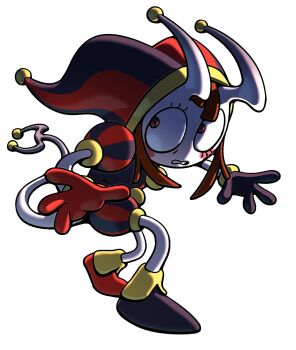 1girl asymmetrical_gloves brown_hair colored_skin demon_girl discount-supervillain gloves hat hat_bell highres jester jester_cap jester_costume mismatched_gloves multicolored_eyes multicolored_hat pomni_(the_amazing_digital_circus) puffy_sleeves red_eyes red_gloves short_sleeves solo striped_clothes striped_headwear the_amazing_digital_circus two-tone_eyes vertical-striped_bodysuit vertical-striped_clothes vertical-striped_headwear white_skin
