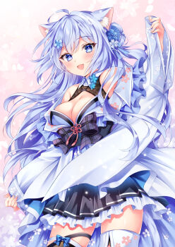 Rule 34 | 1girl, :d, ahoge, animal ear fluff, animal ears, bare shoulders, black bow, black dress, blue eyes, blue flower, blue hair, blush, borrowed character, bow, breasts, cat ears, cat girl, cherry blossom print, cleavage, cleavage cutout, clothing cutout, commission, cowboy shot, dress, dress bow, eyelashes, floating hair, floral print, flower, frilled dress, frills, hair flower, hair ornament, happy, large breasts, long hair, long sleeves, looking at viewer, nogi takayoshi, open mouth, original, pink background, plaid bow, pleated dress, short dress, skeb commission, sleeveless, sleeveless dress, sleeves past wrists, smile, solo, thighhighs, tsurime, two side up, very long hair, wide sleeves, zettai ryouiki