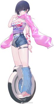 1girl absurdres arm_up black_hair blue_eyes breasts cleavage gorgeous_mushroom highres jacket leg_belt looking_at_viewer medium_breasts original short_hair simple_background solo wheelbarrow white_background