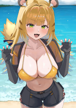 1girl absurdres aged_up alternate_breast_size_(larger) animal_ears beach black_gloves black_shorts blonde_hair blush breasts cleavage collarbone colored_inner_hair cropped_jacket elbow_gloves fingerless_gloves gloves green_eyes highres huge_breasts jacket ju_fufu large_breasts long_hair looking_at_viewer multicolored_hair navel nuko_(mikupantu) open_mouth shore short_shorts short_sleeves shorts smile solo striped_hair tail tiger_ears tiger_girl tiger_tail white_hair yellow_jacket zenless_zone_zero