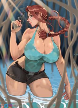 aqua_leotard artist_name breasts brown_eyes brown_hair brown_shorts cleavage commentary english_commentary glasses gun handgun holding holding_gun holding_weapon instagram_logo lara_croft large_breasts leotard long_hair looking_back patreon_logo ponytail short_shorts shorts tomb_raider twitter_logo vittorio_giorgi water weapon