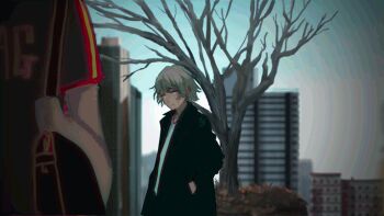 1boy 6+others animated animated_gif black_coat blue_eyes building coat commentary_request grey_hair hands_in_pockets looping_animation multiple_others original profile shirt skyscraper solo_focus syo5 time_lapse tree upper_body white_shirt