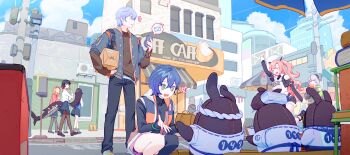 1boy absurdres air_conditioner animal_ears belle_(zenless_zone_zero) black_hair black_shoes blue_hair blue_sky blush book brown_sweater cafe cellphone character_request cityscape cloud dini_illust ellen_joe english_text fins fish_tail green_eyes grey_hair hachimaki happi hashtag-only_commentary headband highres jacket japanese_clothes letterman_jacket long_hair long_sleeves looking_at_another mail multicolored_hair multiple_girls nicole_demara open_mouth outdoors package pants pantyhose phone pink_hair pleated_skirt red_hair school_uniform shark_tail shirt shoes short_hair skirt sky slice_of_life smartphone smile sweater tail thighhighs twintails two-tone_hair utility_pole waving wise_(zenless_zone_zero) zenless_zone_zero