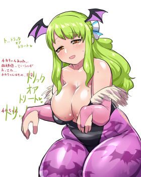 Rule 34 | 1girl, animal print, aqua bow, bare shoulders, bat print, black leotard, bow, breasts, brown eyes, commentary request, demon girl, detached sleeves, green hair, hair bow, head wreath, heart, highres, jikkyou powerful pro yakyuu, large breasts, leotard, long hair, misono chika, multicolored bow, pantyhose, pink pantyhose, plump, power pro appli, sassou6725, solo, sweatdrop, translation request, white background, white bow