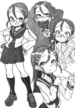 Rule 34 | 1girl, :d, ?, absurdres, alternate costume, blush, blush stickers, collage, forehead, glasses, greyscale, hair ornament, hairclip, hands on own head, highres, holding, holding removed eyewear, interlocked fingers, karakai jouzu no takagi-san, kneehighs, loafers, looking at viewer, medium hair, monochrome, multiple views, nose blush, open mouth, own hands together, pleated skirt, raised inner eyebrows, scarf, school uniform, shoes, skirt, smile, socks, standing, tenkawa yukari, unworn eyewear, waa153, white background