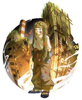 &gt;:( 1boy absurdres aviator_cap aviator_goggles baggy_pants bags_under_eyes bandage_on_face bandages bandaid bandaid_on_face bandaid_on_nose black_gloves building bush chimney chinese_text city construction fisheye flower full_body gloves highres katsumira leather leather_gloves looking_at_viewer narrowed_eyes night original oversized_clothes pants pink_flower plant road sandals shirt sign smoke solo standing street translation_request v-shaped_eyebrows vines white_shirt