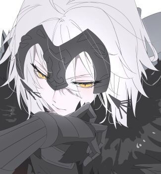 1girl armor closed_mouth commentary_request fate/grand_order fate_(series) fur_trim gauntlets grey_hair headpiece highres jeanne_d&#039;arc_alter_(avenger)_(fate) jeanne_d&#039;arc_alter_(fate) looking_at_viewer pale_skin ri_o_ne_su short_hair simple_background solo white_background yellow_eyes