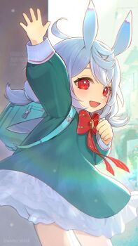 1girl animal_ears aqua_bag backpack bag blue_hair bow bowtie dress genshin_impact green_dress hair_between_eyes hand_up highres long_hair long_sleeves multicolored_hair open_mouth red_bow red_bowtie red_eyes sg_(under_siiiiii) sigewinne_(genshin_impact) solo