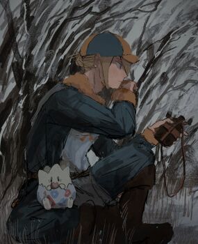 Rule 34 | 1boy, absurdres, blonde hair, blue jumpsuit, bottle, commentary request, eating, fur-trimmed jumpsuit, fur trim, gen 2 pokemon, ginkgo guild uniform, grey eyes, hair over one eye, hand on own face, hat, highres, holding, jumpsuit, long hair, long sleeves, looking at viewer, male focus, nintendo, on ground, on lap, outdoors, pokemon, pokemon (creature), pokemon legends: arceus, pokemon on lap, sara (yeahx2wowx2), togepi, tree, volo (pokemon), water bottle
