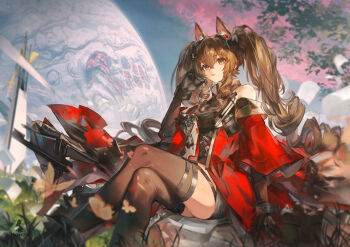 1girl absurdres angelina_(arknights) animal_ear_fluff animal_ears arknights arknights:_endfield artist_name bare_shoulders black_dress black_gloves black_thighhighs blurry blurry_foreground bracelet breasts brown_hair bug butterfly coat commentary day depth_of_field dress elbow_gloves english_commentary feet_out_of_frame floating_hair floating_paper fold-over_boots fox_ears fox_girl from_side gilberta_(arknights) gloves hair_between_eyes hand_on_own_face hand_up headpiece high_collar highres infection_monitor_(arknights) insect jewelry logo long_hair looking_afar miaosu off_shoulder open_clothes open_coat orange_eyes outdoors parted_lips planet red_coat short_dress sitting sleeveless sleeveless_dress solo thighhighs thighs tree twintails zettai_ryouiki