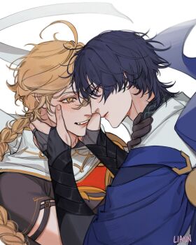 2boys aether_(genshin_impact) ahoge artist_name blonde_hair blue_cape blue_eyes blunt_ends blush braid bridal_gauntlets brown_shirt cape closed_mouth commentary english_commentary eyeshadow fang fingernails floating_cape floating_clothes genshin_impact gold_trim hair_between_eyes hands_on_another's_face hands_up highres liann1009 lips long_hair looking_at_another low-braided_long_hair low-tied_long_hair makeup male_focus multiple_boys no_headwear open_mouth purple_hair red_eyeshadow scaramouche_(genshin_impact) scarf shirt short_hair short_sleeves simple_background single_braid smile teeth upper_body wanderer_(genshin_impact) white_background white_scarf white_shirt yaoi yellow_eyes