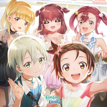 5girls :d album_cover black_dress blonde_hair blunt_bangs braid brown_hair closed_eyes closed_mouth cover dress green_eyes green_hair hair_between_eyes hair_ornament high_ponytail highres holding_ice_skates kobuta_main looking_at_viewer medalist_(manga) multiple_girls official_art open_mouth orange_eyes pink_dress ponytail red_hair roba_manaka sarukawa_rinna short_dress skating_rink sleeveless smile twintails v yagi_yuuna yellow_eyes yuitsuka_inori