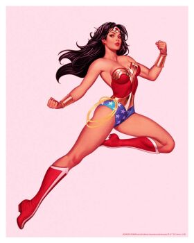 1girl bare_shoulders black_hair blue_eyes boots border bracer breasts clenched_hand copyright_notice dc_comics earrings english_text full_body highres jewelry john_keaveney large_breasts lasso_of_truth long_hair looking_at_viewer official_art parted_lips red_boots simple_background solo star_(symbol) star_earrings superhero_costume tiara variant_set white_border wonder_woman