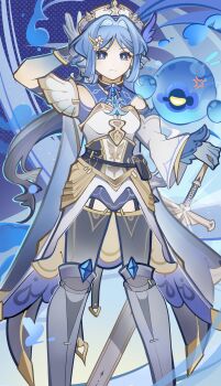 1girl absurdres anger_vein armor armored_boots blue_eyes blue_hair boots breasts bright_pupils chinese_commentary commentary_request detached_sleeves dress genius_invokation_tcg_(style) genshin_impact gloves hair_ornament hat highres holding holding_sword holding_weapon huakucha_fancheyu223 long_hair original shorts solo sword thighhighs weapon white_pupils