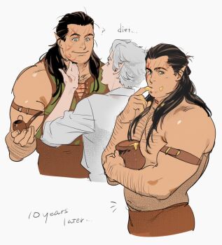 Rule 34 | 2boys, ?, astarion, baldur's gate, baldur's gate 3, bara, belly, black hair, brown pants, brown vest, chest hair, commentary, dungeons & dragons, eating, english text, facial mark, finger in own mouth, halsin, holding, holding smoking pipe, honey, honeypot, looking at another, looking at viewer, male focus, multiple boys, muscular, muscular male, nipples, pants, pectorals, pointy ears, shirt, smile, smoking pipe, tatsumi (psmhbpiuczn), topless male, vampire, vest, white background, white hair, white shirt, yaoi