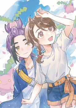 1boy 1girl alternate_costume arm_up black_hair blue_shirt blue_shorts blue_sky blush braid brown_hair cherry_blossoms closed_mouth cloud day gen_2_pokemon hair_ornament haruarashi74 highres hoppip juliana_(pokemon) kieran_(pokemon) mole mole_on_neck multicolored_hair nintendo open_clothes open_mouth open_shirt orange_eyes outdoors petals pokemon pokemon_sv purple_hair shirt shirt_tucked_in short_shorts short_sleeves shorts sky white_shirt