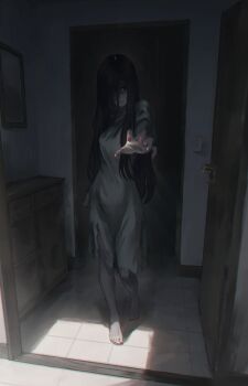 black_hair colored_skin dark door dress full_body green_eyes highres horror_(theme) long_hair looking_at_viewer lucasafontes nail_polish original picture_frame red_nails solo solo_focus standing white_dress white_skin