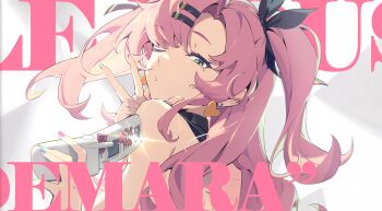 1girl absurdres bare_shoulders black_ribbon blue_nails character_name controller earrings game_controller green_eyes hair_ornament hair_ribbon hairclip heart heart_earrings highres holding holding_controller holding_game_controller incredibly_absurdres jewelry long_hair looking_at_viewer looking_back mindscape_cinema_(zenless_zone_zero) mole mole_under_eye nail_polish nicole_demara official_art one_eye_closed pink_hair pink_nails playstation_controller ribbon solo two_side_up upper_body v w zenless_zone_zero