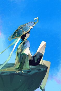 Rule 34 | 1boy, arm at side, armor, black hair, black sandals, black shorts, blue cape, blue hat, blue sky, blue sleeves, blunt ends, bridal gauntlets, bridal legwear, cape, clear sky, cliff, closed mouth, from behind, furisode, genshin impact, gold, grey bridal gauntlets, hat, highres, japanese armor, japanese clothes, jingasa, kimono, knee up, kote, kurokote, layered sleeves, leg warmers, looking at viewer, looking back, male focus, mandala, purple eyes, sandals, scaramouche (genshin impact), short sleeves, shorts, sitting, sky, smile, solo, stirrup legwear, toeless legwear, tsurime, uwunaoo, wanderer (genshin impact), white kimono, white leg warmers, white sleeves, zouri