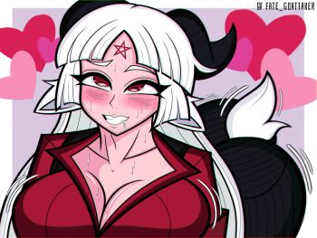 Rule 34 | animal ears, baphomet (grizz), black horns, black pants, blush, fate goattaker, goat ears, goat horns, goat tail, helltaker, highres, horns, pants, red eyes, red shirt, shirt, tail, white hair