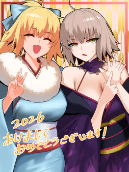 2026 2girls absurdres ahoge bare_shoulders blonde_hair blue_kimono blush bow breasts cleavage closed_eyes commentary_request detached_collar fate/grand_order fate_(series) grey_hair hair_bow happy_new_year high_ponytail highres japanese_clothes jeanne_d'arc_(fate) jeanne_d'arc_alter_(fate) kimono kisaragi_tsurugi large_breasts long_hair looking_at_viewer multiple_girls new_year obi off_shoulder open_mouth ponytail purple_kimono sash short_hair smile translation_request very_long_hair yellow_eyes