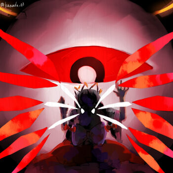 Rule 34 | 1girl, artist name, back bow, black hair, bow, crown, hair bow, halo, hanada (cobalt003), kirby (series), kirby 64, long hair, nintendo, one-eyed, red bow, red eyes, ripple star queen, wings, zero two (kirby)