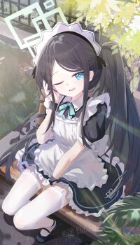1girl absurdres apron aris_(blue_archive) aris_(maid)_(blue_archive) between_legs black_dress black_hair black_shoes blue_archive blue_eyes blue_halo blue_ribbon dress halo hand_between_legs highres long_hair looking_at_viewer maid maid_apron maid_headdress mixian official_alternate_costume one_eye_closed open_mouth ribbon shoes short_sleeves side_ponytail sitting solo thighhighs white_thighhighs zettai_ryouiki