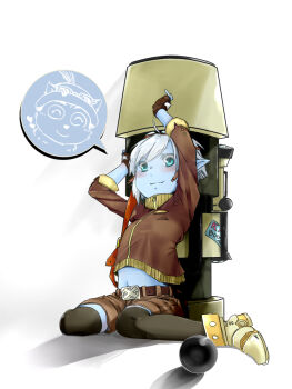 1girl alternate_costume arms_up belt black_thighhighs blue_skin blush boots cannon colored_skin female_focus fingerless_gloves gloves goggles goggles_on_head highres league_of_legends light_smile midriff mitchlin navel pale_skin pointy_ears short_hair shorts silver_hair sitting solo strap teemo thighhighs tristana_(league_of_legends) wariza yordle