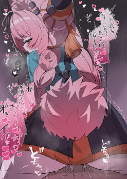 1boy 1girl absurdres animal_ears blue_shirt blush braid commentary_request cum cum_overflow furry furry_female girl_on_top hair_ornament hetero highres long_hair open_mouth pink_hair pov rabbit_ears rabbit_girl rabbit_tail red_eyes reverse_cowgirl_position sex shirt sound_effects speech_bubble sphere_hair_ornament straddling tail translation_request twin_braids yukarigaoka zenless_zone_zero zhao_(zenless_zone_zero)