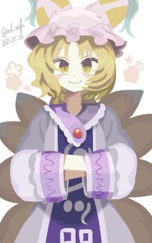 Rule 34 | 1girl, absurdres, animal ear headwear, animal hat, blonde hair, blue tabard, blush, commentary, crossed arms, dated, dress, fake animal ears, fox girl, fox tail, frilled hat, frills, hands in opposite sleeves, hat, highres, ichirugi, kitsune, kyuubi, long sleeves, looking at viewer, mob cap, multiple tails, short hair, smile, solo, tabard, tail, touhou, twitter username, white dress, white hat, yakumo ran, yellow eyes