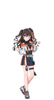 1girl brown_eyes brown_hair full_body grin hat idol_clothes idolmaster idolmaster_cinderella_girls idolmaster_cinderella_girls_starlight_stage jacket mini_hat official_art one_eye_closed skirt smile solo sunazuka_akira transparent_background twintails zipper