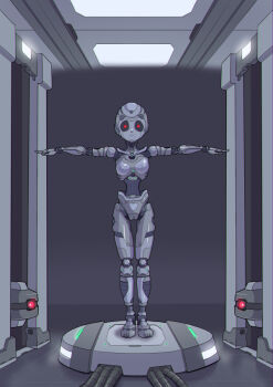 1girl android bald bald_female commentary_request commission full_body hypericum_(mppv1862) iris_(mega_man) joints looking_at_viewer mechabare mega_man_(series) mega_man_x_(series) mega_man_x_dive nipples red_eyes robot_girl robot_joints skeb_commission solo standing straight-on t-pose variant_set