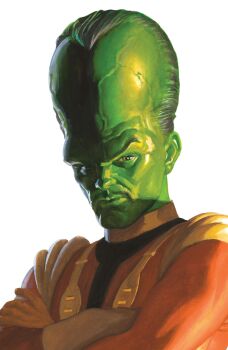 1boy absurdres alex_ross black_facial_hair colored_skin comic_cover cover cover_page crossed_arms facial_hair gloves green_eyes green_skin grey_hair highres jacket large_forehead looking_at_viewer male_focus marvel mustache official_art orange_jacket realistic short_hair solo the_leader_(marvel) upper_body veins western_comics_(style) white_background widow's_peak yellow_gloves