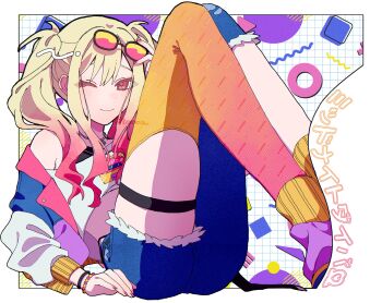 Rule 34 | 1girl, ;), asymmetrical clothes, asymmetrical legwear, bead bracelet, beads, belt, black-framed eyewear, blonde hair, blue pants, blush, border, bracelet, closed mouth, commentary, crop top, cutoffs, denim, eyewear on head, gradient hair, gradient pantyhose, grid background, hair between eyes, hand up, highres, jacket, jeans, jewelry, knees up, lapels, long hair, long sidelocks, long sleeves, looking at viewer, midnight diver (project sekai), midriff, multicolor-tinted eyewear, multicolored hair, multicolored jacket, nail polish, necklace, off-shoulder shirt, off shoulder, official alternate costume, one eye closed, open clothes, open jacket, orange pantyhose, outdoors, pants, pantyhose, pink eyes, pink hair, pink nails, pink pantyhose, project sekai, red-tinted eyewear, shirt, sidelocks, single pantsleg, single thighhigh, smile, solo, sunglasses, teacrown, tenma saki, thigh strap, thighhighs, tinted eyewear, torn clothes, torn pants, twintails, white border, white shirt, yellow-tinted eyewear