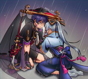 Rule 34 | 1boy, 1girl, alternate universe, arm guards, armor, arms at sides, artist name, ayaka (genshin impact), black bodysuit, black gloves, black hat, black sandals, black shorts, black sleeves, black veil, blood, blood on face, blue bow, blue coat, blue gem, blue hakama, blue skirt, blue sleeves, blunt ends, blunt tresses, bodysuit, bow, chinese knot, choppy bangs, coat, collared coat, commentary, dou, elbow gloves, english commentary, eyeliner, facing another, fingernails, furisode, gem, genshin impact, gloves, gold, gold trim, hakama, hand on another's face, hand up, hat, high collar, high ponytail, highres, injury, japanese armor, japanese clothes, jewelry, jinbaori, jingasa, kimono, kneeling, kote, kurokote, large bow, layered shorts, layered sleeves, leaning forward, long hair, looking at another, makeup, mandarin collar, middle ring, mitsudomoe (shape), neck ring, o-ring, outdoors, parted lips, partially fingerless gloves, pink rope, pink sleeves, ponytail, purple blood, purple eyes, purple hair, purple sash, purple shorts, rain, red eyeliner, red hat, red sash, riina 606, rope, sandals, sash, scaramouche (genshin impact), see-through clothes, see-through veil, seiza, shimenawa, short sleeves, shorts, simple background, sitting, skirt, sleeve slit, stirrup legwear, tabi, toeless legwear, tomoe (symbol), tsurime, veil, vision (genshin impact), white hair, white mouth, white rope, zouri